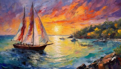 an evocative oil painting on canvas portraying a coastal scene with boats gracefully sailing under a breathtaking sunset. Let the sky transition from fiery oranges and reds to cool purples, casting a  - obrazy, fototapety, plakaty