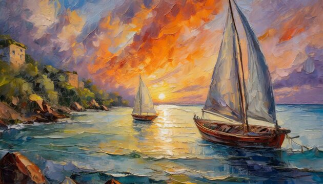 ship in the sunset.an evocative oil painting on canvas portraying a coastal scene with boats gracefully sailing under a breathtaking sunset. Let the sky transition from fiery oranges and reds to cool 