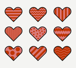 Set of Valentine's Day, birthday, Mother's Day hearts with geometric patterns in pink and red color
