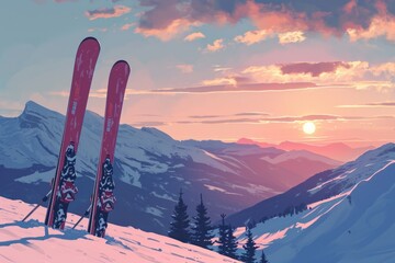 Skis resting on top of a snow covered slope. Ideal for winter sports enthusiasts and travel brochures