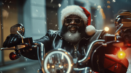 Black Santa Claus riding a motorcycle. Festive Merry christmas and happy new year concept