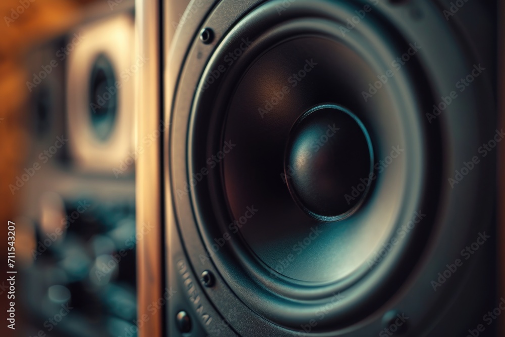 Poster Close-up view of a speaker placed on a wooden surface. Suitable for various audio-related concepts and presentations
