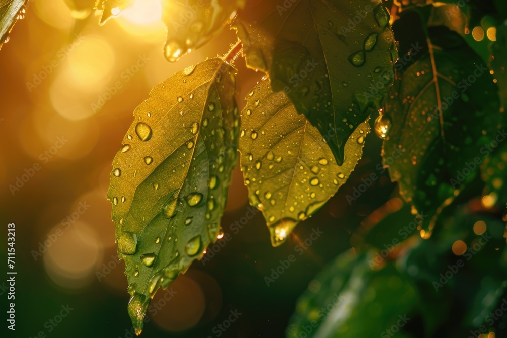 Poster a detailed view of a leaf with small water droplets. perfect for nature or macro photography project