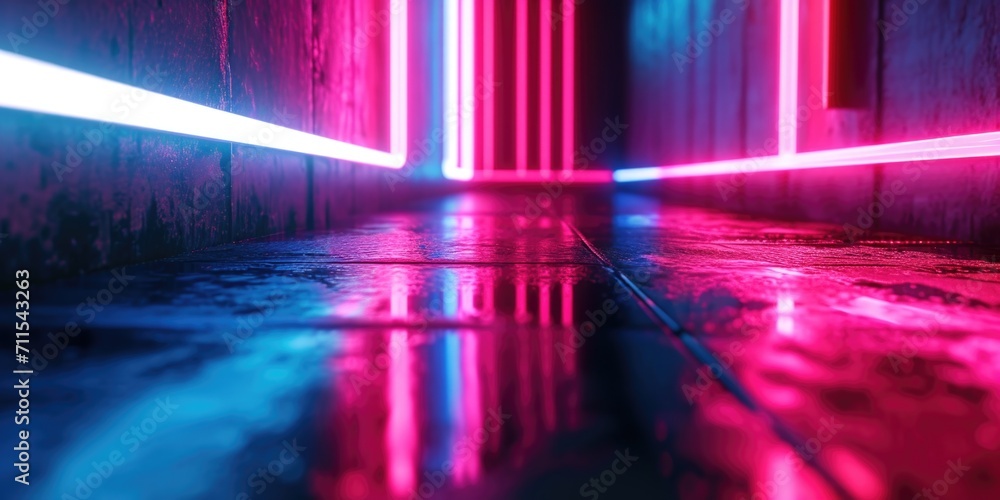 Poster a picture of a wet floor with vibrant neon lights in the background. perfect for illustrating a mode