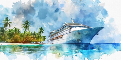 A beautiful watercolor painting of a cruise ship sailing in the vast ocean. Perfect for travel brochures and vacation-themed designs - obrazy, fototapety, plakaty