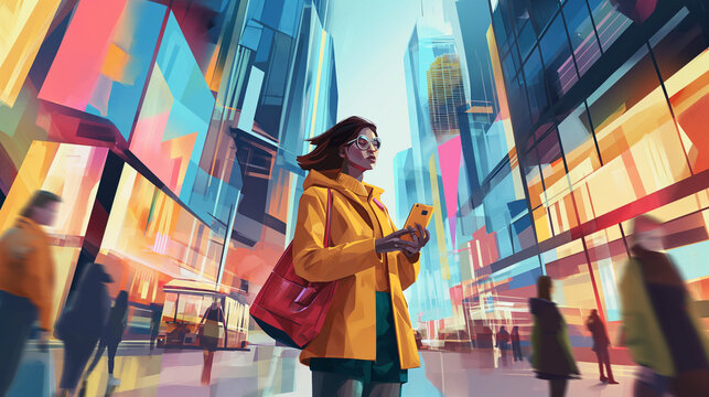 Junge moderne Frau mit Smartphone im neuesten Trend Outfit in beleuchteter Großstadt unscharf im Hintergrund Generative AI