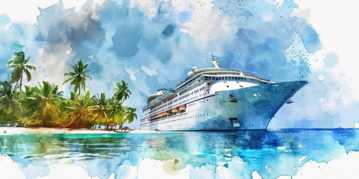 A beautiful watercolor painting of a cruise ship sailing in the vast ocean. Perfect for travel brochures and vacation-themed designs
