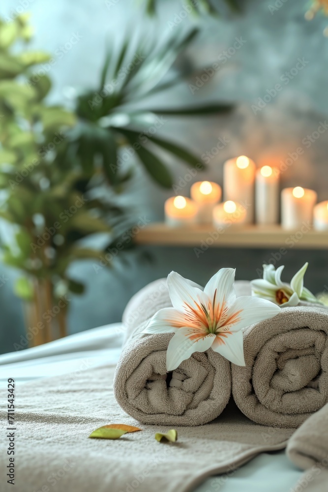 Poster Folded towels placed on a bed with a background of candles. Ideal for spa and relaxation concepts