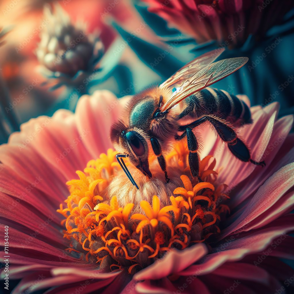 Poster bee collecting pollen from a flower. shallow depth of field.