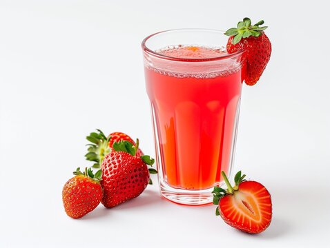 Design mockup. A sweet strawberryade, fresh strawberries adorning, in a clear glass. white background. Generative AI
