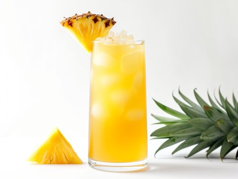 Design mockup. Visualize a tropical pineappleade, a pineapple wedge on the rim, white background. Generative AI