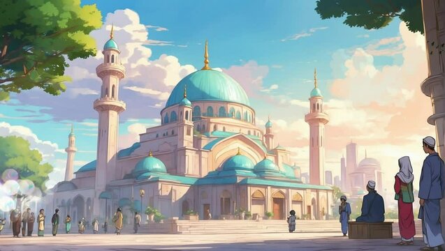 The mosque is in the middle of the city. Cartoon and anime vector painting illustration hand drawn style. Looping video 4k with animation background.
