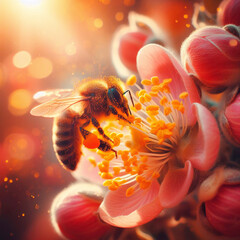 Honey bee collecting nectar from the flowers of the apricot tree