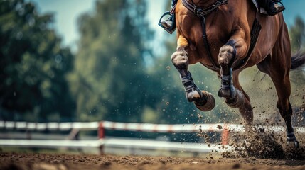 A person riding a horse on a dirt track. Suitable for outdoor enthusiasts and equestrian-related designs - obrazy, fototapety, plakaty