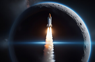 Space shuttle taking off on a mission. Spaceship on moon background