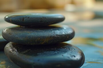 A stack of black rocks sitting on top of a table. Suitable for various uses