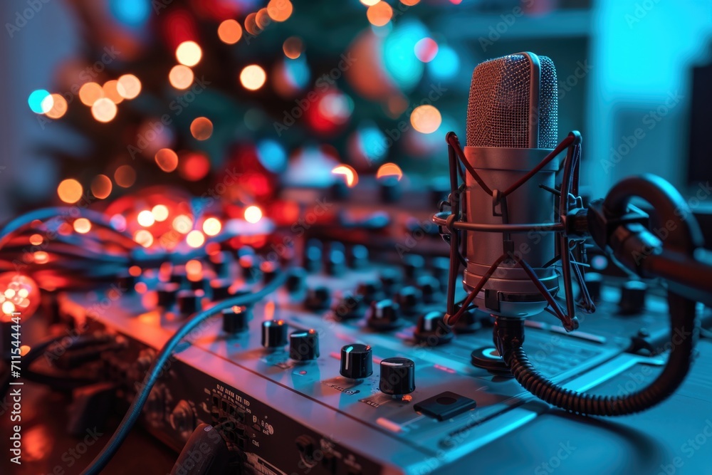 Poster A microphone sitting on top of a table next to a keyboard. Suitable for music production, podcasting, and recording purposes