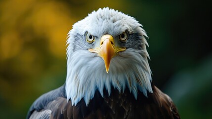 Fototapeta premium A detailed close up of a bald eagle showcasing its majestic presence. This image can be used to represent power, freedom, and the beauty of nature