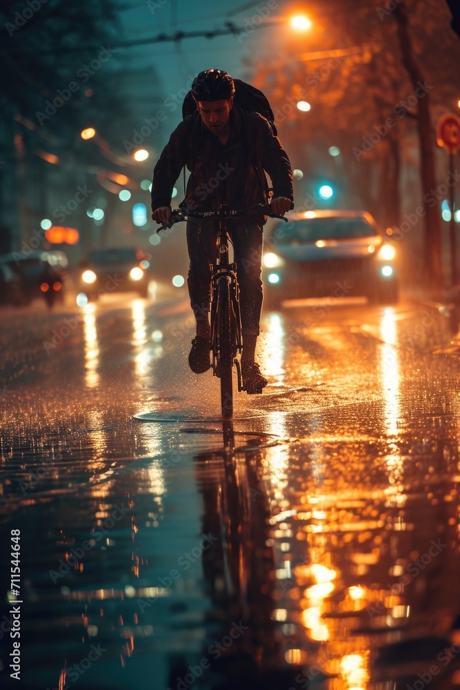 Poster a man riding a bike in the rain. suitable for weather-related themes and active lifestyle concepts