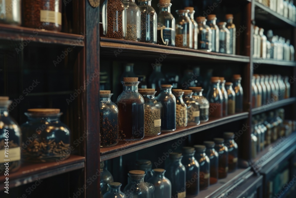 Poster A shelf filled with numerous glass jars. Versatile image for various uses
