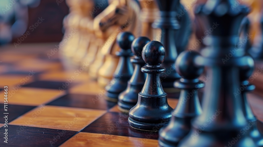 Poster a detailed view of chess pieces placed on a chess board. suitable for illustrating strategy, intelli