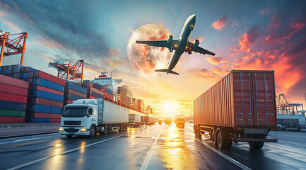 Logistics transportation commerce network of planes cargo ships and trucks in international port - obrazy, fototapety, plakaty