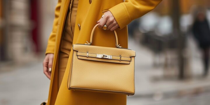 A woman is pictured wearing a yellow coat and carrying a matching yellow purse. This image can be used to showcase fashion, accessories, or street style