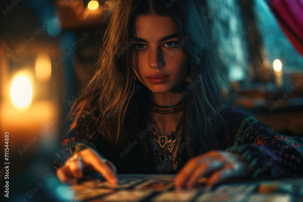 Poster a woman sitting at a table with a keyboard in front of her. suitable for business, technology, or cr