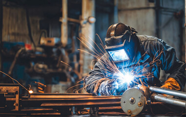 A skilled specialized worker in welding is repairing metal structures. Metal welder working with welding machine