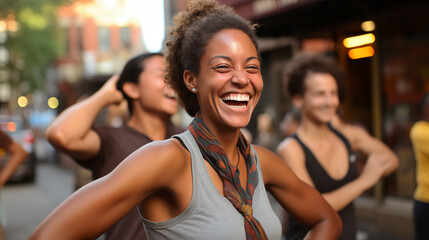 Fototapeta premium Feminist girl in gray smiling in crowd.