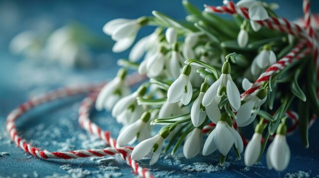 fresh bouquet of the snowdrops flowers with red and white rope, banner, copy space - Powered by Adobe