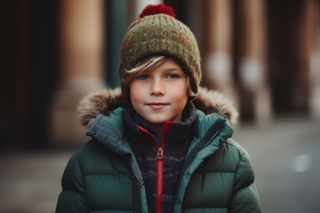 Outdoor portrait of a cute little boy in a warm hat and coat