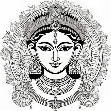 Durga Goddess of Power, Vector Illustration on White Background.