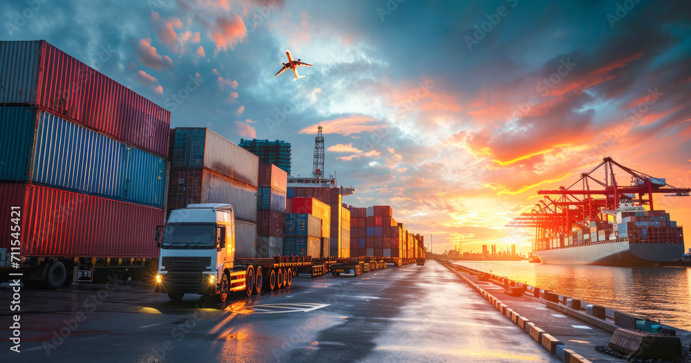 Wall mural Logistics transportation commerce network of planes cargo ships and trucks in international port