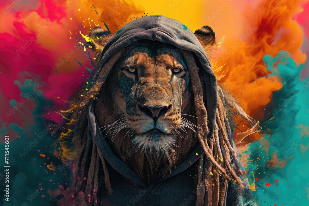 Poster A lion with unique dreadlocks and a stylish hoodie. This image can be used to depict a trendy and unconventional character or to symbolize strength and individuality