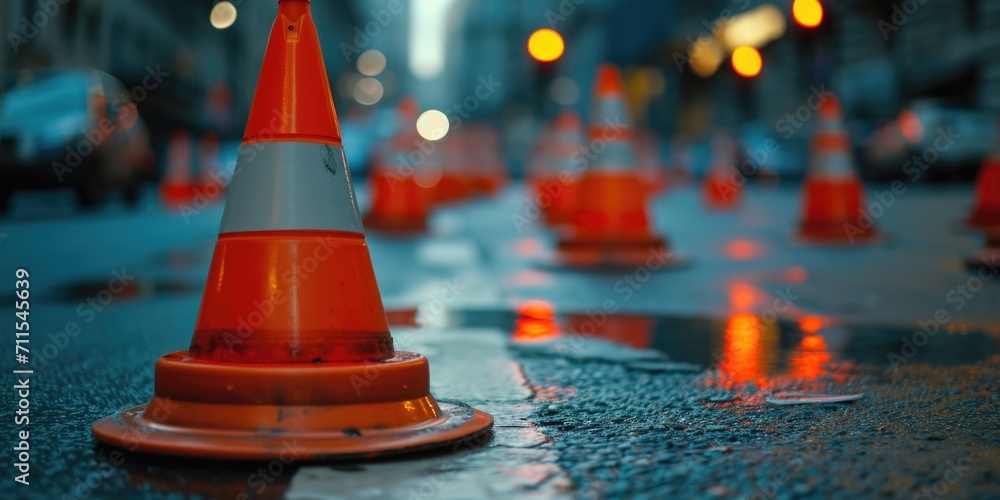 Aufkleber a collection of traffic cones placed on the side of a road. suitable for illustrating road construct
