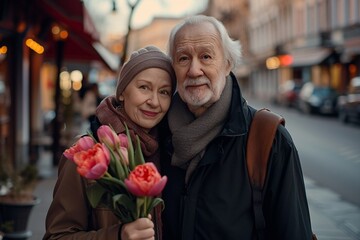 Fototapeta premium portrait of a lovely attractive fashionable elderly natural beauty European couple holding flowers in the city. Photography taken with organic simplicity