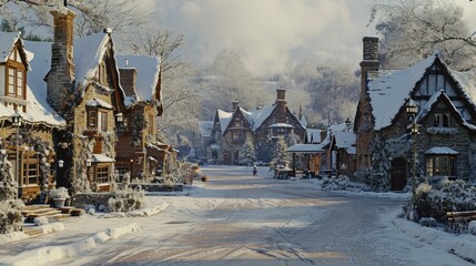 A picturesque snowy street with charming houses covered in snow. Perfect for winter-themed designs or cozy holiday scenes