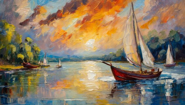 boat on the sea.an expressive oil painting on canvas showcasing the dynamic interplay of light and color as boats navigate the tranquil waters at sunset. Utilize bold brushstrokes to capture the essen