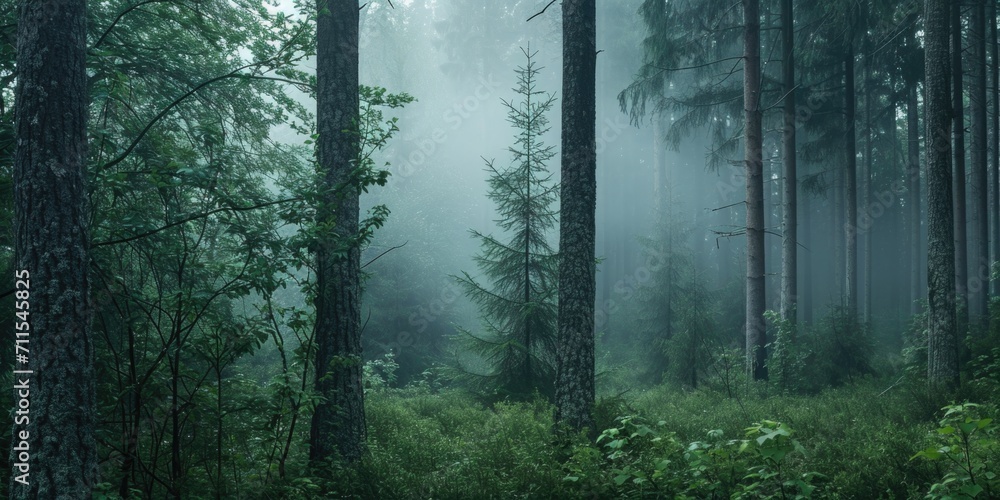Poster a captivating image of a dense forest filled with tall trees. perfect for nature enthusiasts and out