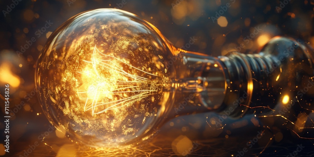 Poster A mesmerizing image of a glowing light bulb with sparks emanating from it. Perfect for illustrating innovation, creativity, and energy. Use this image to add a dynamic touch to your projects