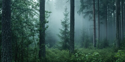 A captivating image of a dense forest filled with tall trees. Perfect for nature enthusiasts and outdoor-themed designs