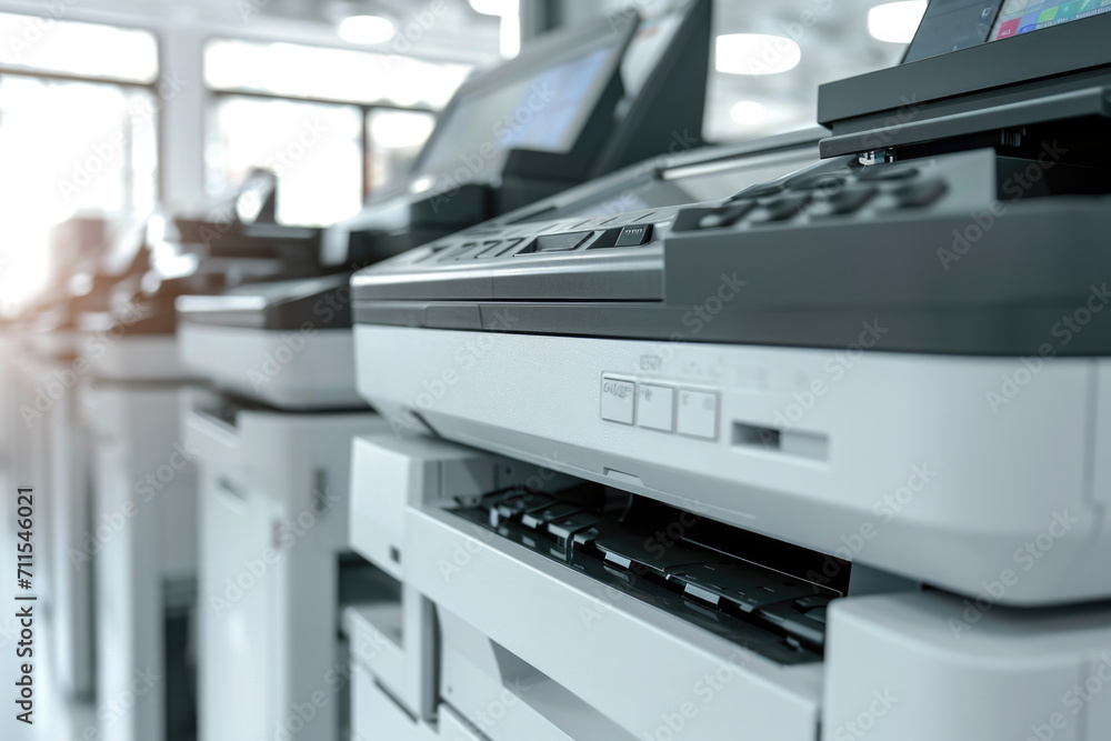 Poster a close-up view of a printer on a desk. ideal for office, technology, or workplace concepts
