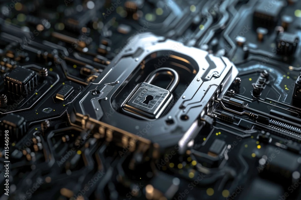 Aufkleber A detailed view of a circuit board with a lock. Can be used to represent technology security or data protection.