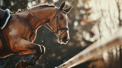 A person riding a horse jumping over an obstacle. Suitable for sports and equestrian-related designs