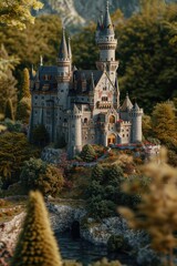 A model of a castle surrounded by trees in the middle of a forest. Suitable for fantasy-themed projects or historical illustrations