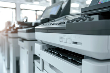 A close-up view of a printer on a desk. Ideal for office, technology, or workplace concepts