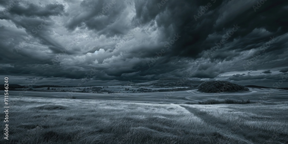 Poster a black and white photo of a field under a cloudy sky. can be used to depict a moody or dramatic lan