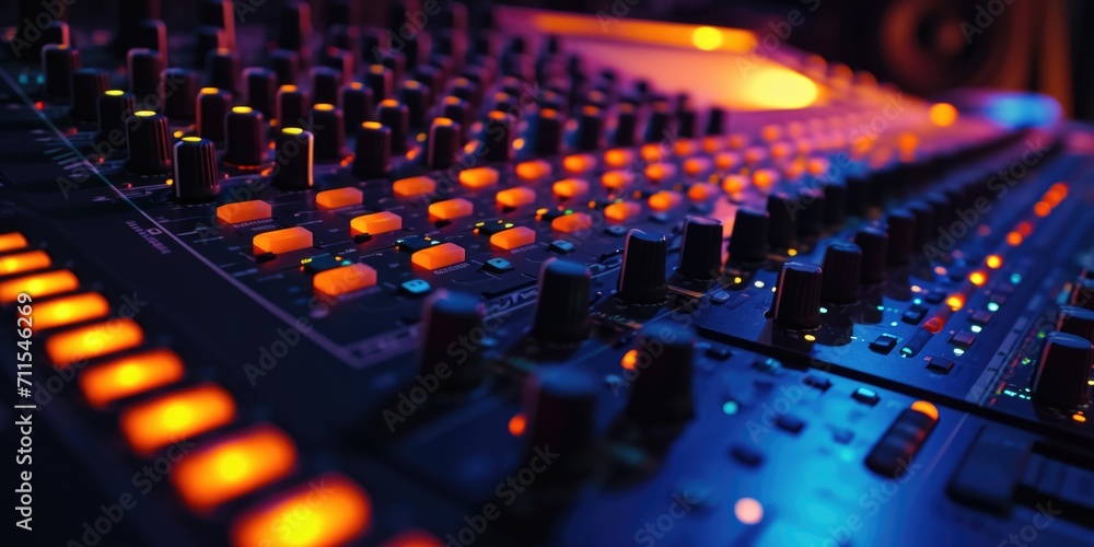 Poster a detailed view of a sound board with vibrant orange lights. this image can be used to depict music 