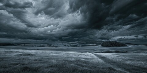 A black and white photo of a field under a cloudy sky. Can be used to depict a moody or dramatic...
